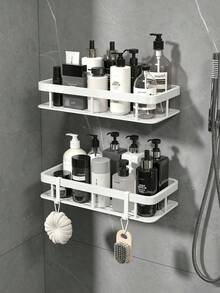 1pc No-Drill Adhesive Bathroom Shelf, With 2 Hooks, Minimalist Shower Corner Storage Rack, Waterproof Plastic Toiletries Organizer, Suitable For Shampoo And Bathroom Accessories, Ideal For Renters - A - View 4