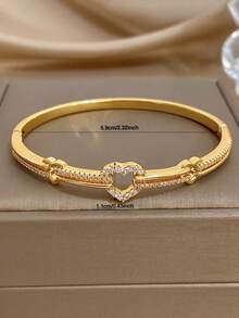 1pc Elegant Hollow Heart Series Bangle Bracelet For Women Luxury Zirconia Golden Copper Bangle For Daily Party Valentine Birthday Christmas Jewelry Gift - Multicolor - View 6