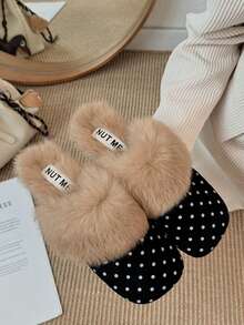 Women's Polka Dot Plush Square Toe Closed Toe Fuzzy Mule Slippers, Retro Round Dot Outdoor Wear Fuzzy Slippers, Autumn/Winter Home - Black - View 8