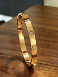 Conjunto de Pulseiras Femininas de Luxo 1/3 com Coração Cravejado Banhado a Ouro 18K em Aço Inoxidável, com Pulseira de Corrente Cubana Decorada com Contas de Vidro em Formato de Coração de Liga, Conjunto de Joias Femininas da Moda, Conjunto de Joias Femininas, Adequado para Uso Diário, Verão, Férias, Também um Ótimo Presente para Mulheres - Dourado - Visão 13