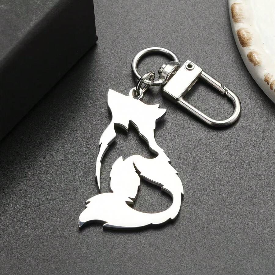 Wolf Stainless Steel Keychain Accessory Pendant, Cute Backpack Charm, Key Ring, Gift For Friends - Silver - View 1