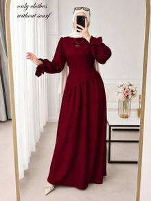 Four Seasons Women's Solid Color Long Dress, Stand Collar Asymmetric Patchwork Ruched Flared Skirt, With Belt, Casual Slim Fit Dress Fall - Burgundy - View 1