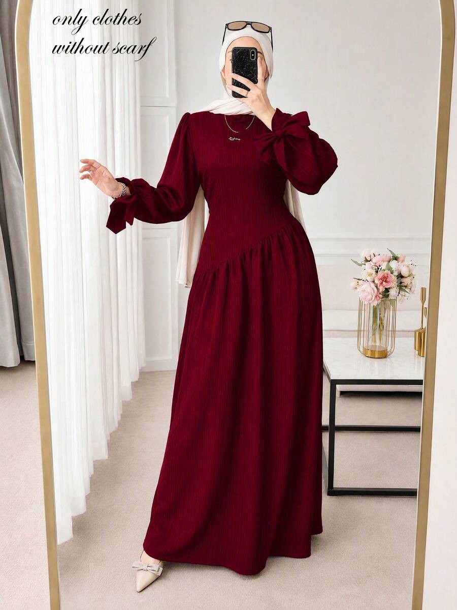 Four Seasons Women's Solid Color Long Dress, Stand Collar Asymmetric Patchwork Ruched Flared Skirt, With Belt, Casual Slim Fit Dress Fall - Burgundy - View 1