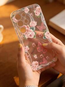 Creamy Dopamine Wave Ruffle Soft TPU Texture, Cream White Wave Edge Phone Case, Beautiful Playful Floral Phone Case Pink Rose Bow Print Black Background Transparent Wave-Shaped Curved Edge Soft TPU Shockproof Protective Phone Case, Compatible With Apple 11/12/13/14/15/16/17/18 Galaxy S21 S22 S23 S24 S25 S26/Honor/ And Other Models - Clear - View 3