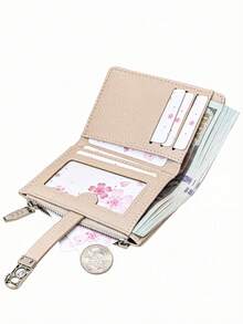 Women's Short PU Soft Fashion Patchwork Exquisite Snap Large Capacity Multi-Card Slot Multi-Function Card Holder Document Storage Bag, Young Zipper Coin Purse Compact Lightweight Convenient To Carry Suitable For Holiday Gift - Apricot - View 3