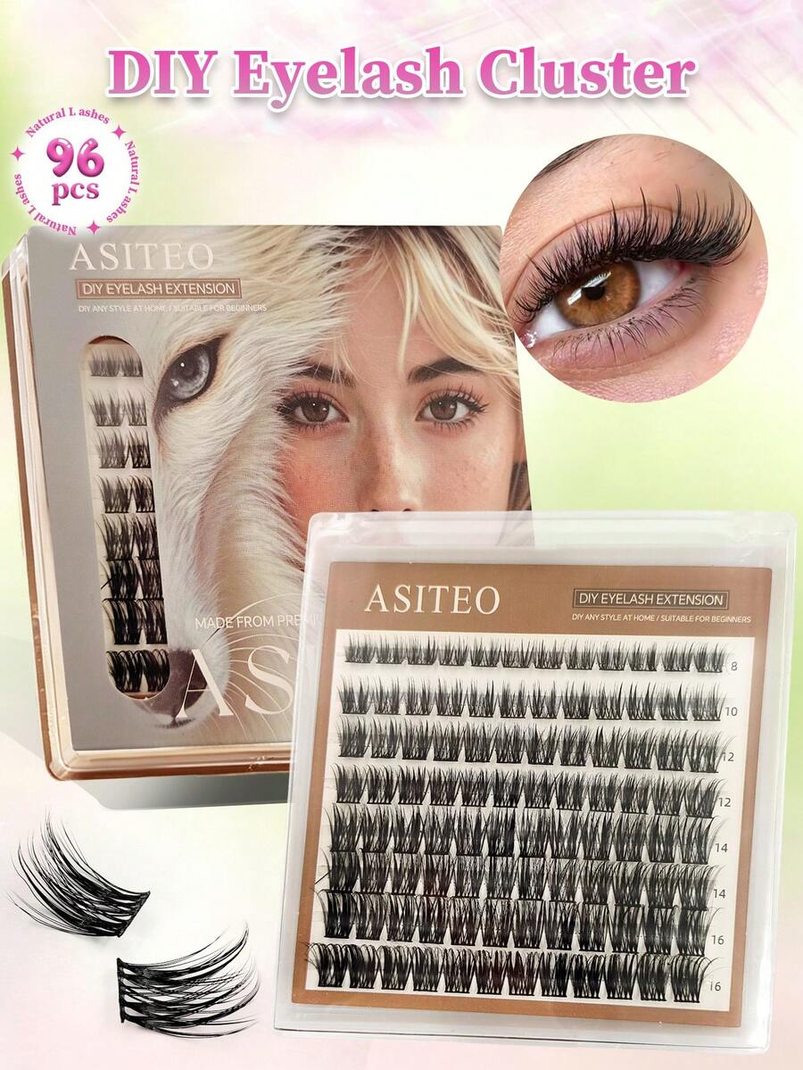 Asiteo 96 Pcs D Curl Mixed Length 8-16mm Fluffy And Wispy Natural Eyelash Extensions DIY Eyelash Reusable,Beginner-Friendly,Individual Lashes At Home - D - View 1