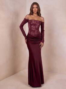Elegant Women's Off-Shoulder Long Sleeve Lace Ruched Fitted Evening Gown, Suitable For Formal Occasions - Burgundy - View 7