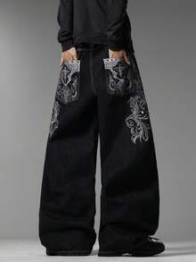 Men's Gothic Street Brand Wide Leg Jeans, Exquisite Retro Embroidery, Comfortable Versatile All-Season Long Pants (No Belt & Accessories) - Black - View 4