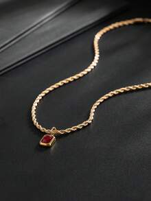 1pc Vintage Twisted Rope Chain Square Red & Blue Crystal Pendant Necklace, Luxury Minimalist Square Rhinestone Collarbone Chain, Versatile Layering Neck Accessory For Daily Commute - Gold + Red Diamond - View 5