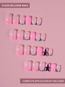 24pcs Y2K Short Square 3D Gel Leopard Print Pink French Style Press-On Nails, Including Zebra, Cow Print And Star Patterns, Perfect Fit False Nail Set, Includes 1pc Jelly Glue And 1pc Nail File, Suitable For Women And Girls Daily And Party Use - Multicolor - View 3