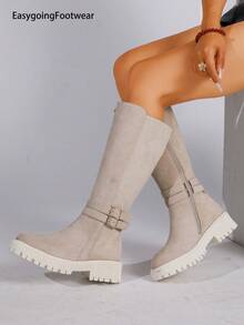 Beige Double Buckle Thick Sole Side Zipper Autumn/Winter Versatile Non-Slip Chunky Heel Tall Boots - Beige - View 1