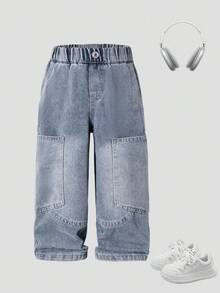 Young Boy Loose Washed Denim Jeans, Suitable For Autumn Casual, School, Outdoor Wear - Blue - View 3