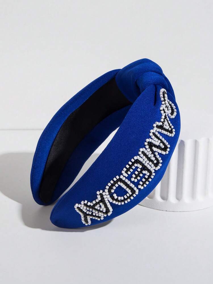 1pc Solid Color Fabric Wide Knotted Headband, Holiday Essential Creative Personalized Handmade Sewn Letter Beaded Elegant Versatile Women's Hair Accessory - FG874-blue - View 2
