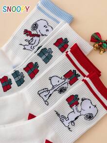 4 Pairs SNOOPY Series Authentic Puppy Christmas Gift Pattern Fun Personalized Cartoon Women's Mid-Calf Socks, Unisex - Multicolor - View 4