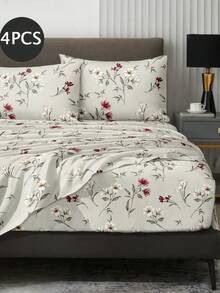 4-Piece Black & White Floral Pattern Bedding Set, Includes 1 Fitted Sheet, 1 Flat Sheet And 2 Pillowcases, Pillow Inserts Not Included. Fitted Sheet Set, Available Sizes: King, Queen, Full, Twin. Deep Pocket Design, Pillowcases Up To 11.8 Inches. Soft & Breathable, Wrinkle-Resistant - Multicolor - View 2