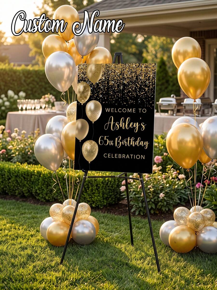 1件客製化黑金生日海報,黑金生日歡迎牌,40歲生日歡迎牌,生日派對裝飾(黑金),60歲生日,70歲生日,適用任何年齡,成人使用,男女生日派對,金黑氣球 - 彩色 - 查看 1