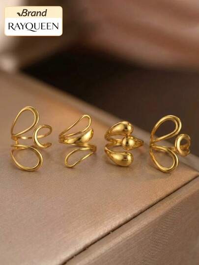 RAYQUEEN 4 Buah Cincin Stainless Steel Berongga Bentuk Tetesan Air yang Modis dan Dapat Dipersonalisasi, Aksesori Dekoratif untuk Wanita, Cocok untuk Pemakaian Sehari-hari