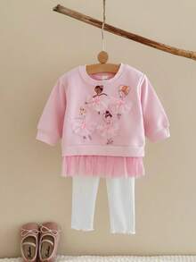 2Pcs/Set Baby & Toddler Girls Mesh Patchwork Sweatshirt Set, Ballet Girl Print Top With Frill Trim Leggings, 2 Pieces Outfit, Spring/Autumn - Pink - View 4
