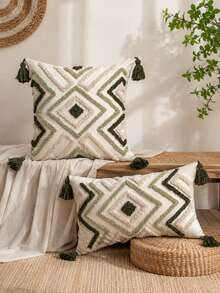 1pc/2pcs Bohemian Flocked Diamond Throw Pillow Cover With Tassel Corners, Rhombus Geometric Pattern, Olive Green & Sage Green, 18x18 Inch & 12x20 Inch, Suitable For Living Room Sofa, Bedroom Bed, Headboard, Outdoor Garden, Farmhouse Party Decor (Pillow Insert Not Included) - Green - View 1