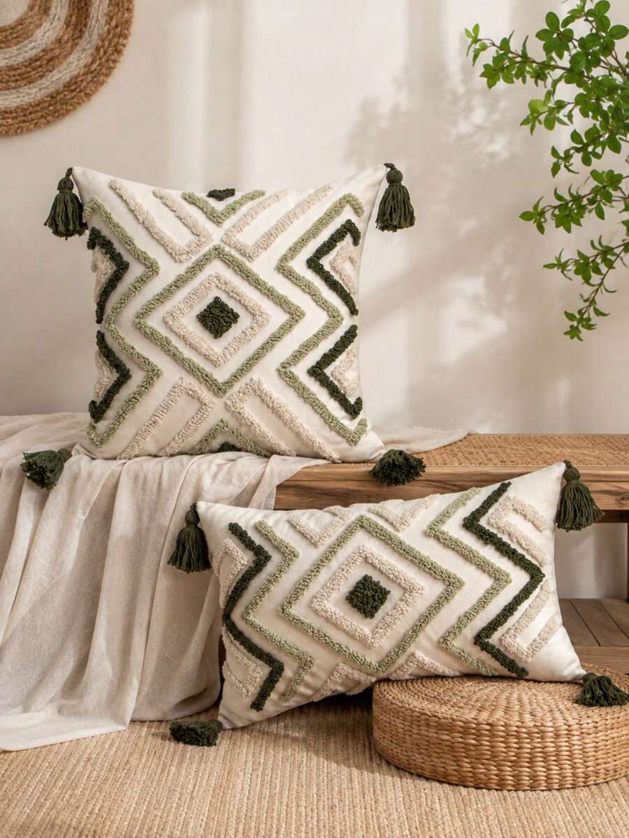 1pc/2pcs Bohemian Flocked Diamond Throw Pillow Cover With Tassel Corners, Rhombus Geometric Pattern, Olive Green & Sage Green, 18x18 Inch & 12x20 Inch, Suitable For Living Room Sofa, Bedroom Bed, Headboard, Outdoor Garden, Farmhouse Party Decor (Pillow Insert Not Included) - Green - View 1