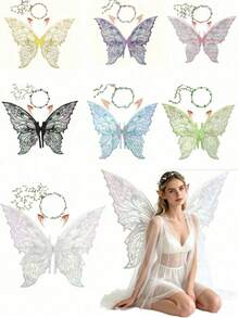 4-Piece Fairy Wings Set (Including Wings, Headband And Fairy Ears) Large Butterfly Wings Fairy Costume Set, Halloween Party Costume Accessories - Multicolor - View 2