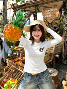 Y2K Fitted Square Shoulder T-Shirt For Women, Autumn Long Sleeve Simple Letter Print Crew Neck Top - White - View 4