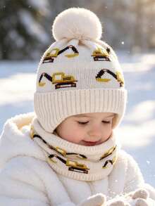 Kids Hat & Scarf Set, Boys Winter Thermal Lined Earflap Beanie, Windproof Warm Baby Pullover Cap, - Excavator 2-piece Set - View 8