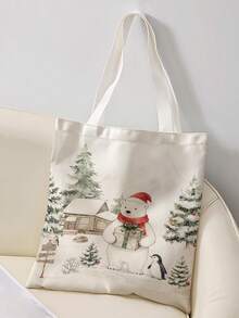 1pc Little Bear Print Canvas Tote Bag, Large Capacity Hand‑Held Shoulder Bag,Reusable Shopping Bag For Music Festival Party Daily Packing Books - Multicolor - View 8