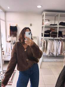 Cozy Women's Casual Retro Solid Color Single-Breasted Metal Button V-Neck Knit Cardigan Longe SLeeve Drop Shoulder Sweater For Fall And Winter - Brown - View 4