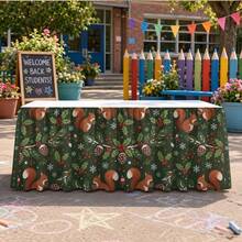 1pc Halloween & Christmas Themed Decorative Party Tablecloth, Rectangular Table Skirt, Cute Squirrel & Snowflake Forest Theme, With Winter Pine Cone, Red Berry & Evergreen Leaf Print, Perfect For Holiday Parties, Garden Afternoon Tea, Wedding Dessert Table - A - View 6
