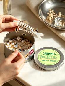 Novelty Sardine Can‑Shaped Metal Jewelry Storage Box, Cat Print, Fishbone Partition Snap Closure,Trinket Organizer, Container, Gifts Daily Decor - Multicolor - View 1