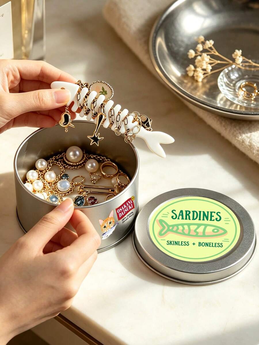 Novelty Sardine Can‑Shaped Metal Jewelry Storage Box, Cat Print, Fishbone Partition Snap Closure,Trinket Organizer, Container, Gifts Daily Decor - Multicolor - View 1