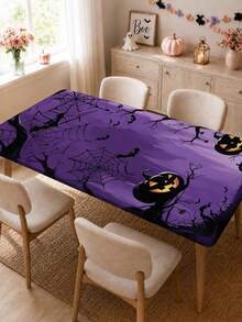 1pc Wrinkle-Resistant Rectangular Halloween Theme Elastic Tablecloth, Pumpkin Bat Ghost Halloween Print Tablecloth, Reusable Party Tablecloth, Suitable For Outdoor Patio Dinner, Halloween Garden Party, Outdoor Autumn Holiday Decor - A - View 4