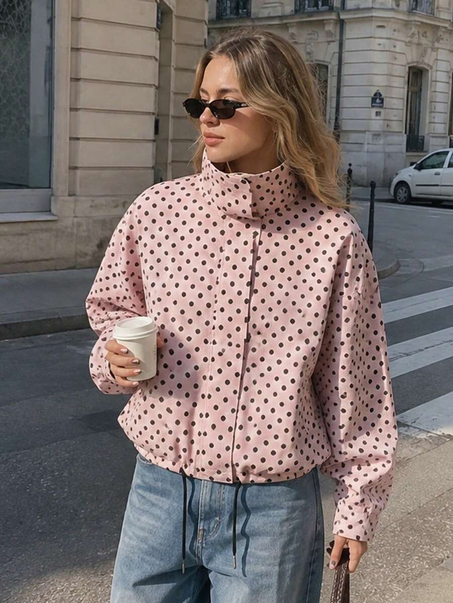 Women's Polka Dot Aviator Jacket, Short Loose Fit Long Sleeve Zip-Up Outerwear Coat For Autumn And Spring - Pink - View 1