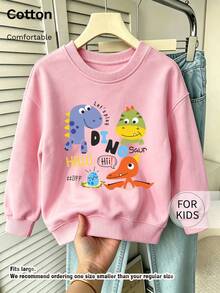 Tween Girl Crew Neck Sweatshirt, Colorful Dinosaur Letter Printed Cotton Pullover, Soft Casual Long Sleeve Top - Pink - View 1