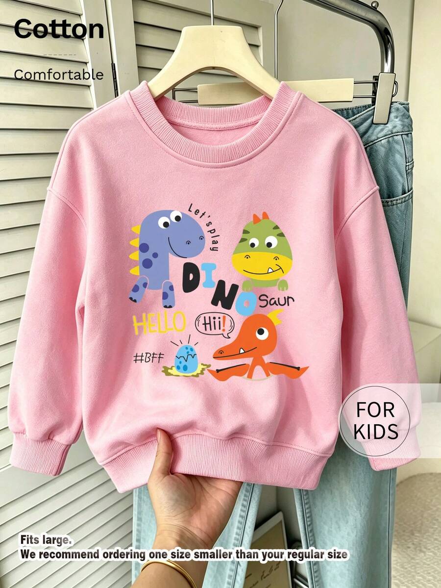 Tween Girl Crew Neck Sweatshirt, Colorful Dinosaur Letter Printed Cotton Pullover, Soft Casual Long Sleeve Top - Pink - View 1