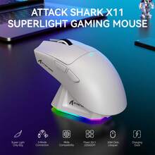 ATTACK SHARK X11 輕量無線電競滑鼠，附 RGB 充電底座，三模 2.4G/USB-C 有線/BT，22K DPI，PAW3311 光學感測器，HUYU 開關，5 個可編程按鈕，適用 PC/Mac - 彩色 - 查看 2