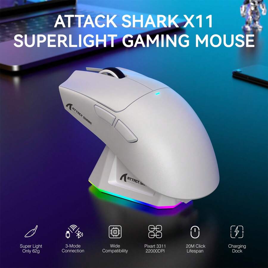 ATTACK SHARK X11 輕量無線電競滑鼠，附 RGB 充電底座，三模 2.4G/USB-C 有線/BT，22K DPI，PAW3311 光學感測器，HUYU 開關，5 個可編程按鈕，適用 PC/Mac