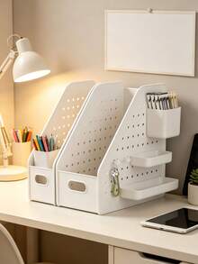 1pc White Multi-Grid Desktop File Organizer, Minimalist Modern Style Plastic Material, Slanted Opening Design, With Pegboard Side Hanging Basket, Multi-Functional Book File Stationery Storage Rack, Suitable For Study Office Daily Use, All Season - Multicolor - View 6