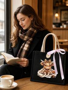 Canvas Tote Bag With Makeup Bag, Printed With Cow Pattern, Adorned With Pink Bow, Matching Makeup Bag, Shopping Bag, Foldable And Lightweight, Multi-Functional Handbag, Suitable For Commuting, Shopping, Daily Use, Party Gift, Suitable As Birthday Gift For Friends And Best Friends, Teacher's Day Gift, Back To School Gift - Multicolor - View 15