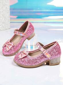 1 Pair Greet Bowknot Sequin Popular Kids High Heels, Thick Heel Anti-Slip Soft Design Sole Suitable For Party And Daily Wear - Rose Red - View 3