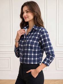 SwallowLucky Plus Size Plaid Shirt With Houndstooth Pattern, Front Button-Down, Pocket, Button-Up, Plaid Buttons, College Style, Casual Wear - Blue - View 4