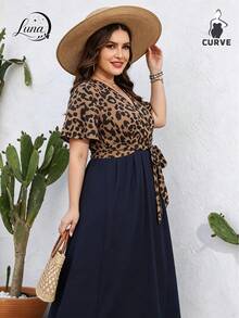 Vestido feminino,Vestidos Elegantes para Mujer talla grande con estampado de leopardo, cuello en V, cintura alta,para vacaciones en la playa, reuniones informales y citas - Marrón - Ver 7