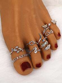 9 Pcs Adjustable Foot Ring Set Snake Butterfly Dragonfly Dolphin Heart Leaf Etc Shape Foot Ring Set For Women Girls - Silver - View 5