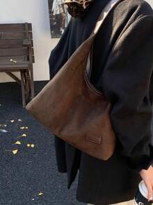 秋冬咖啡棕色麂皮 PU 女款單肩托特包，時尚百搭大容量收納肩背包/通勤包 - 咖啡棕 - 查看 5