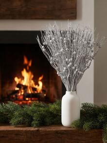 6pcs Silver Glitter Christmas Tree Decorative Branches With Berries And Artificial Flowers, Suitable For Holiday, Wedding, Party, Tabletop Decor, DIY Decoration Accessories, Christmas Tree And Christmas Plant Decoration - Silver - View 4