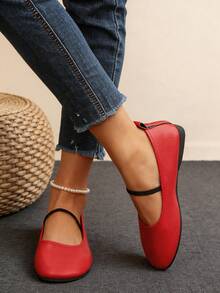 1 Pair Women's Red Elastic Strap Round Toe Flat Ballet Shoes Fashion Design Daily Slip‑On Flat Shoes - Red - View 3