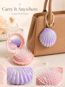 Set Cermin dan Sisir Lipat Portabel 2-in-1 Berbentuk Cangkang, Cermin Rias Mini dengan Liontin Mutiara, Aksesori Kecantikan Perjalanan yang Lucu, Cocok untuk Hadiah Natal, Souvenir, Perlengkapan Perjalanan, Kualitas Terjangkau - MultiWarna - View 2