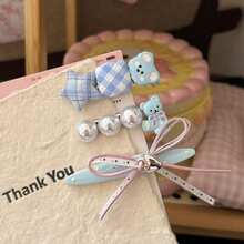 Cute Bear Star Plaid Hair Clip Set, Blue Gingham Pearl Bow Decor Side Barrettes Sweet Kawaii Hair Pins For Girls Daily Decorative Hair Accessories - Multicolor - View 5