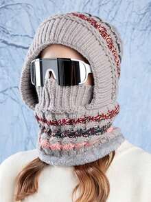 1 pieza Gorro de invierno para mujer con bufanda y mascarilla facial todo en uno, forro térmico, protección para orejas, para montar, a prueba de viento - Multicolor - Ver 6